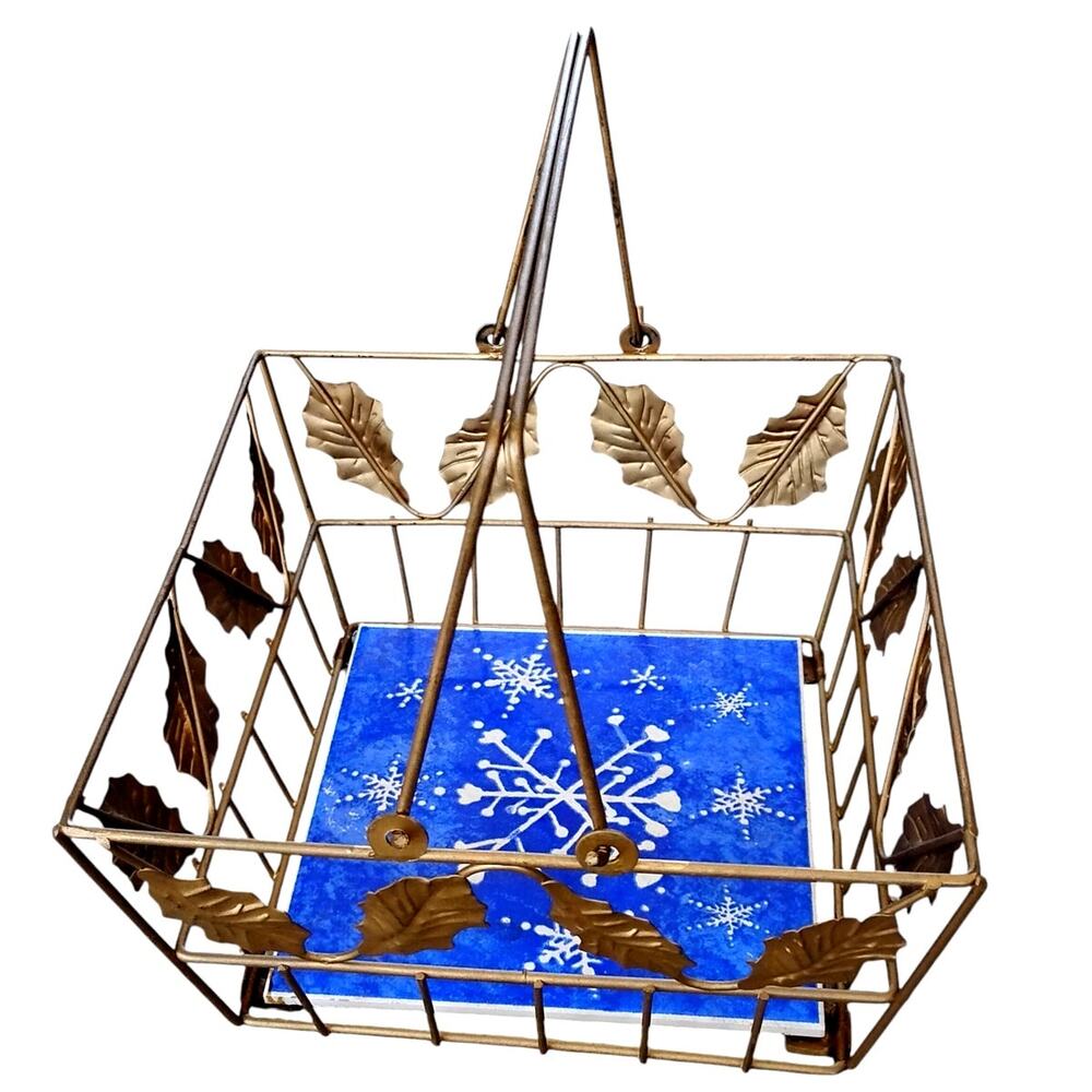 Christmas Basket Gold Metal Holly Leaves Snowflake Tile Insert Bronze Decor 8"